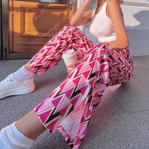Contemporary retro Geometric Print Split Hem Style Wide Leg Pants - Picture 2 of 6